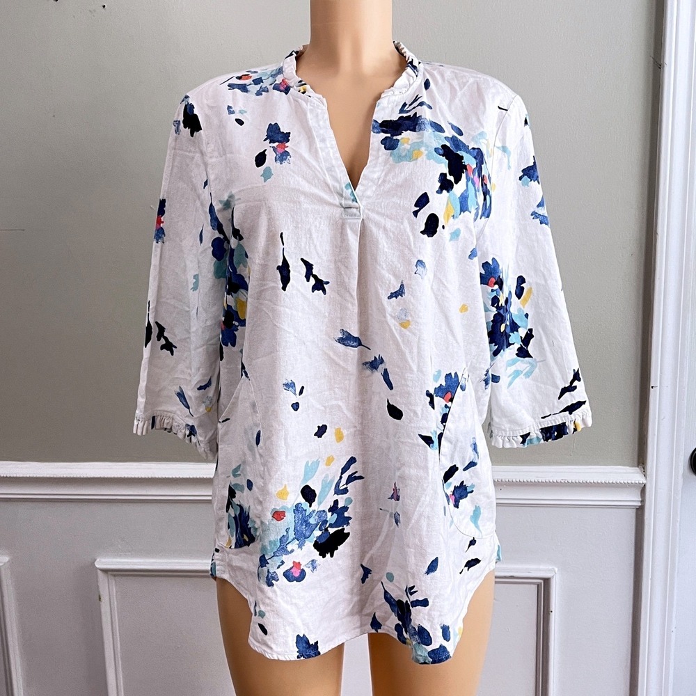 Linen Tunic Top L Women Floral For Cynthia White Blue Coastal Watercolor Resort
